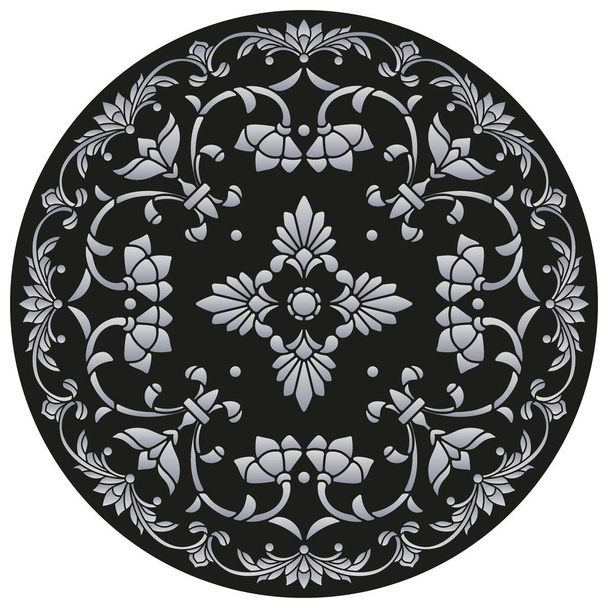 Design dísz kerek termék, virágok a stílus festett üveg sötét alapon - Vektor, kép