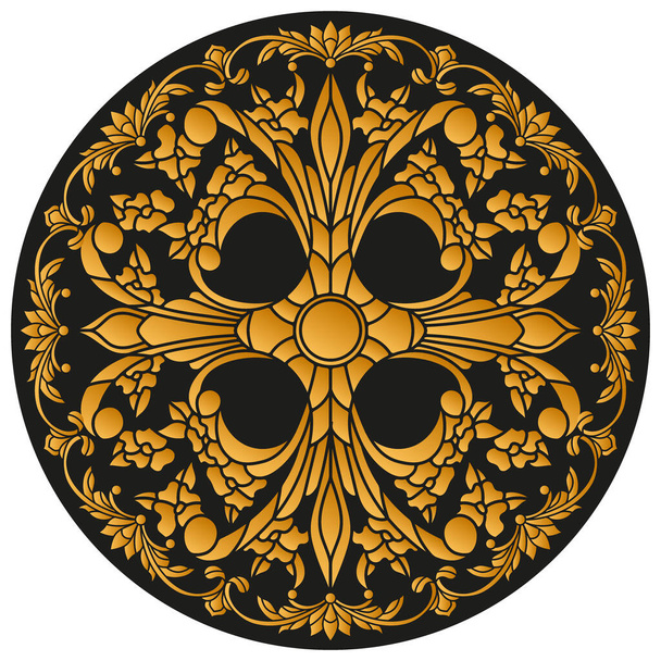 Дизайн орнаменту для круглого виробу, квіти в стилі вітражів на темному фоні
 - Вектор, зображення