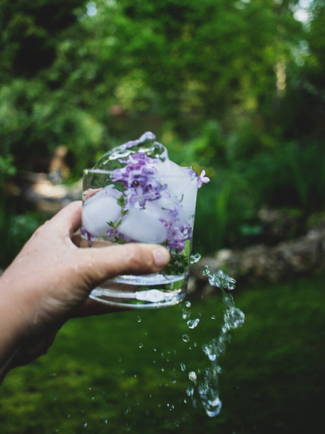 a glass of ice with water and lilac flowers - Photo, image
