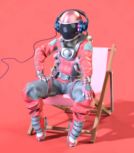 Astronaut sitting on a deck chair, pink background. 3D illustration - Photo, Image