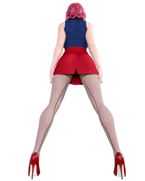 Sexy redhead secretary in mini skirtand stocking.Beautiful girl stand sexually explicit pose.Secretary uniform.Beautiful underwear collection.3D rendering isolate illustration - Fotografie, Obrázek