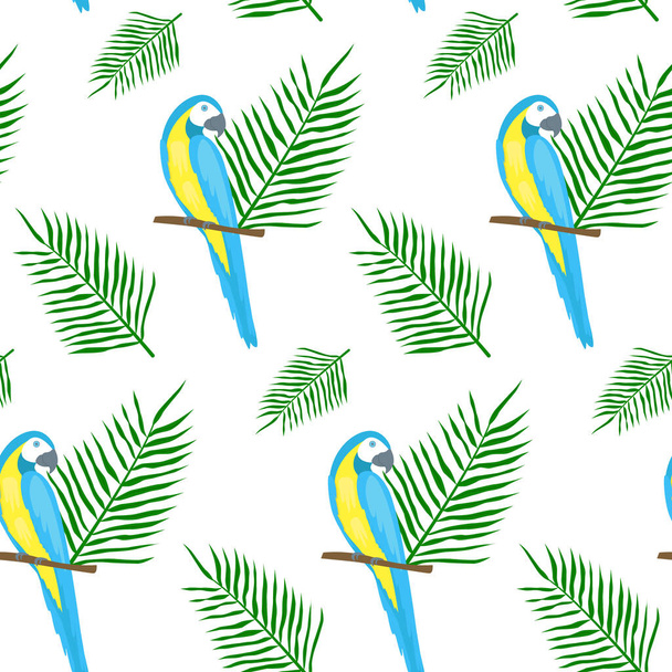 Płynny tropikalny wzór. Papugi i liście palmowe. Ilustracja wektora - Wektor, obraz