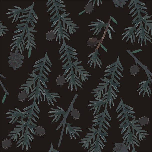 Coniferous branches and cones in brown, green and grey a seamless pattern on a black background. - Vector, Image