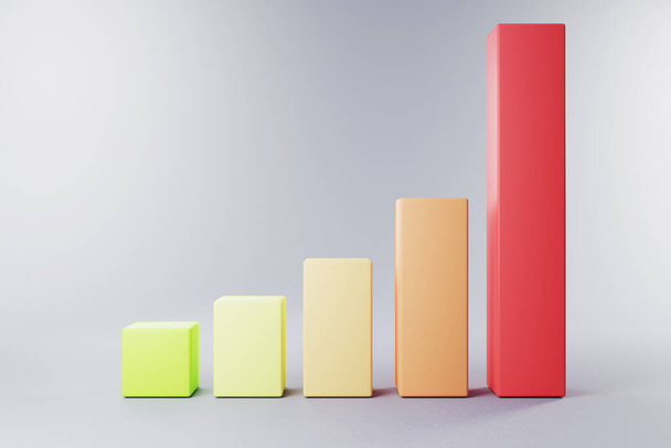 3D bar chart in multiple colors on neutral grey background; green to red; gain and win concept; 3D Illustration - Fotoğraf, Görsel