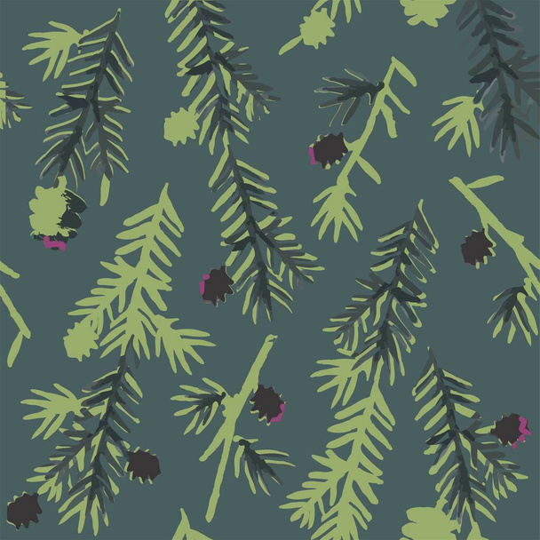 Coniferous branches and cones in brown, green, black and light green a seamless pattern on a dark grey background. - Vector, Image