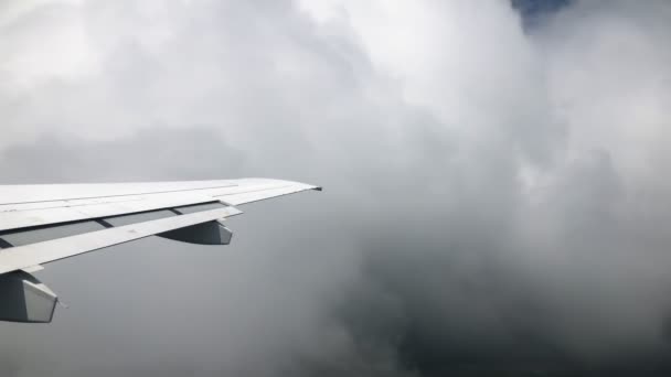 Näkymä ikkunasta lentää kone kauniita pilviä. Lentoliikenteen käsite - Materiaali, video