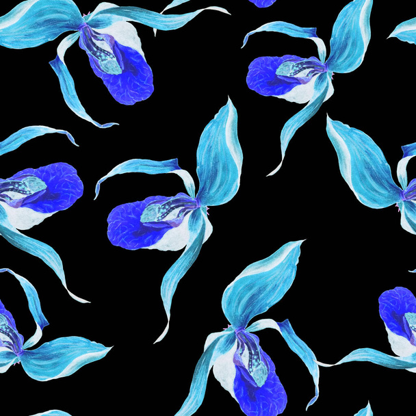 Watercolor floral seamless patern with tropical orchid flowers on black. Exotic floral print. Colorful spring or summer nature background. - Foto, Imagem