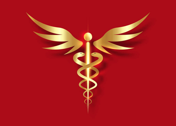 Medical caduceus symbol in golden color. gold luxury Logo concept of public health, two snake torches silhouette. Ancient hermes rod sign, vector isolated on red background  - Vector, Image