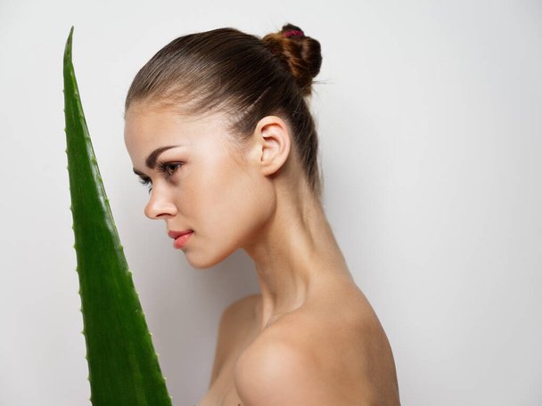 side view of confident woman with aloe leaf on light background and bare shoulders clear skin - Foto, afbeelding