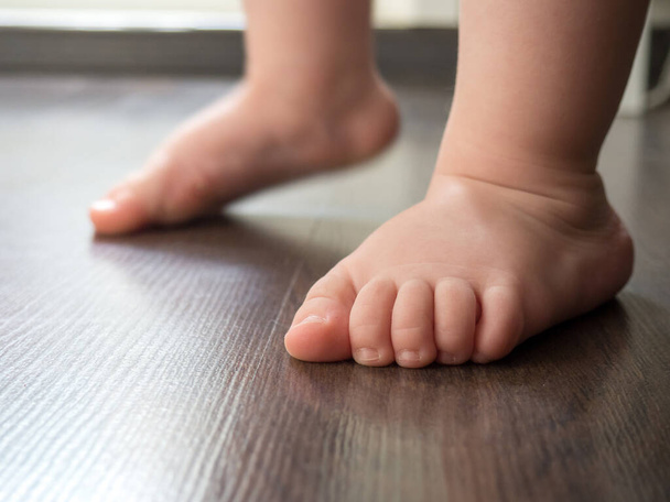 Children's feet take their first steps. The first steps of a child. - Zdjęcie, obraz