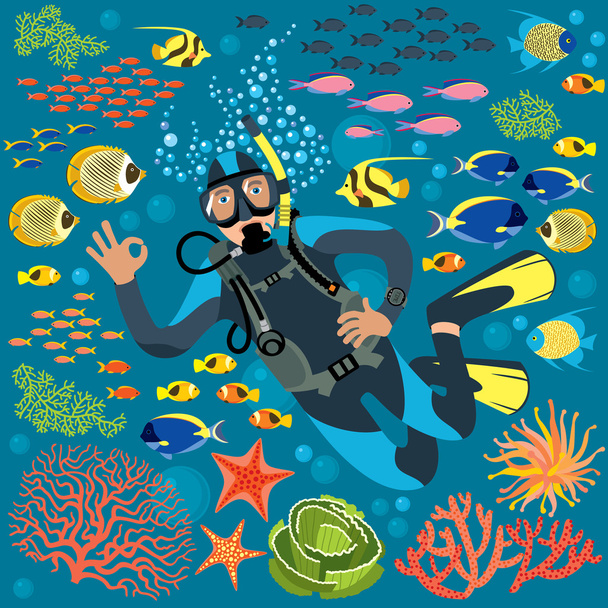 Diver With Underwater Plants And Fishes Set - Vector, Image