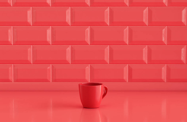 Μονό κόκκινο χρώμα φλιτζάνι καφέ espresso στο μπροστινό μέρος του πάγκου κουζίνας με μωσαϊκό φαγεντιανής, γκρο πλαν άποψη, 3d απόδοση - Φωτογραφία, εικόνα