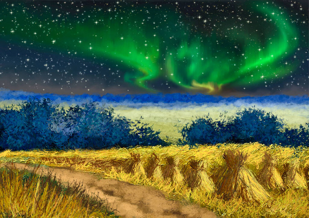 Живопись маслом. Ночь северного сияния, пейзаж с полем из пшеницы - Фото, изображение