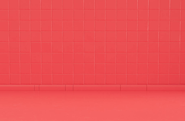 モノクロームフラット赤色空のクローズアップキッチンカウンターでモザイク感のある壁と大理石のフロントビューカウンタートップ、 3Dレンダリング、製品シーン - 写真・画像
