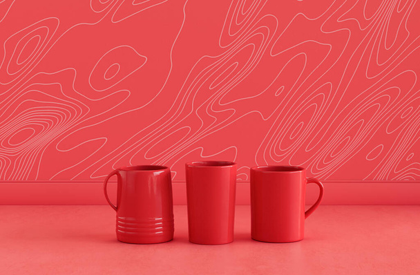 Μονόχρωμο κόκκινο χρώμα 2 κούπες καφέ και ένα ποτήρι νερό δίπλα-δίπλα σε μονόχρωμο κόκκινο χρώμα κουζίνα μετρητή κορυφή με τοίχο, κοντά μπροστά άποψη, 3D απόδοση - Φωτογραφία, εικόνα