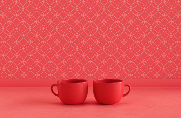 Twee rode porseleinen koffiebekers naast elkaar op monochrome rode kleur front view keuken aanrecht top met faience mozaïek tessellated muur, close-up uitzicht, 3d Rendering - Foto, afbeelding