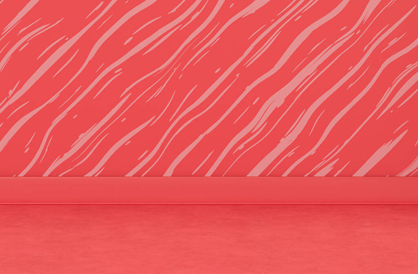 Monochrom flache rote Farbe leer Nahaufnahme Küchentheke mit dekorativer Wand und Marmorarbeitsplatte, 3D-Rendering, Produktszene - Foto, Bild