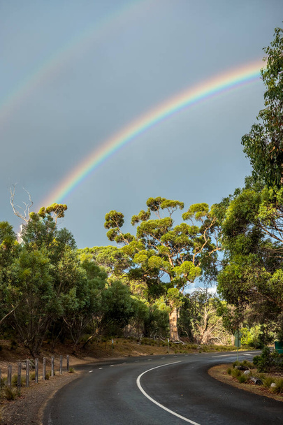 Arco-íris brilhante com o segundo arco-íris inverso acima das árvores do Parque Nacional Flinders Chase, Ilha Canguru, Austrália - Foto, Imagem