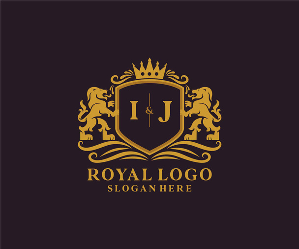 IJ Letter Lion Royal Luxury Logo template in vector art for Restaurant, Royalty, Boutique, Cafe, Hotel, Heraldic, Jewelry, Fashion and other vector illustration. - Vector, Image