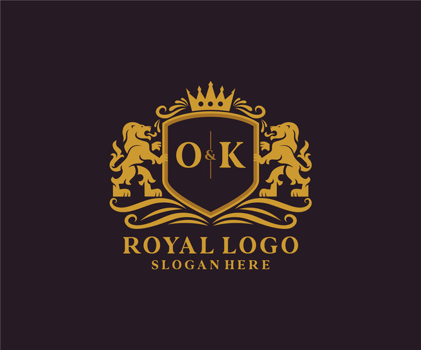 OK Letter Lion Royal Luxury Logo template in vector art for Restaurant, Royalty, Boutique, Cafe, Hotel, Heraldic, Jewelry, Fashion and other vector illustration. - Vector, Image
