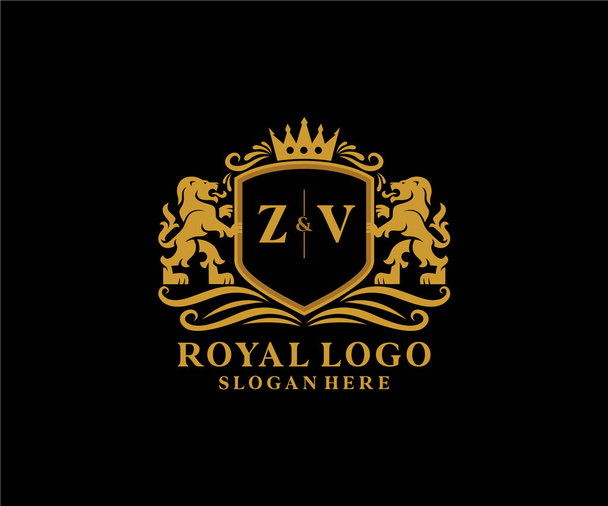 ZV Letter Lion Royal Luxury Logo Vorlage in Vektorkunst für Restaurant, Royalty, Boutique, Cafe, Hotel, Wappen, Schmuck, Mode und andere Vektorillustrationen. - Vektor, Bild