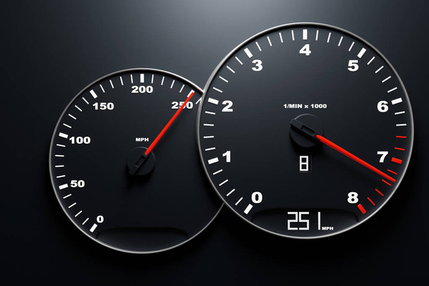 3D illustration of the close up Instrument automobile panel with odometer, speedometer, tachometer  on black isolated background - Photo, Image