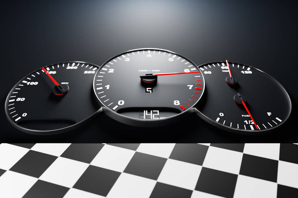 3Dイラスト新しい車のインテリアの詳細。速度計は、白のバックライトと142キロの時間、タコメーターを示しています。スポーツスタイルの黒い車のパネル、デジタル明るい速度計を失う.  - 写真・画像
