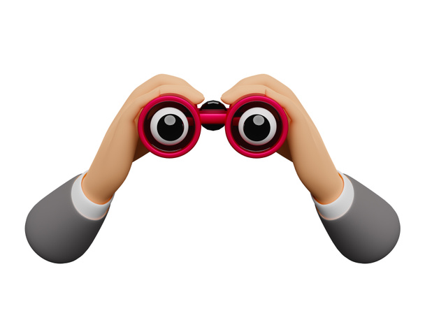 cartoon character businessman hand holds red binocular isolated on white background ,3d render - Photo, Image