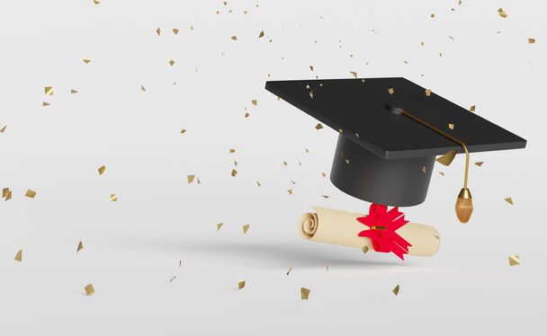 Tapa de graduación o mortero con diploma enrollado sobre fondo blanco, Concepto de celebración del día de graduación, 3d render - Foto, imagen