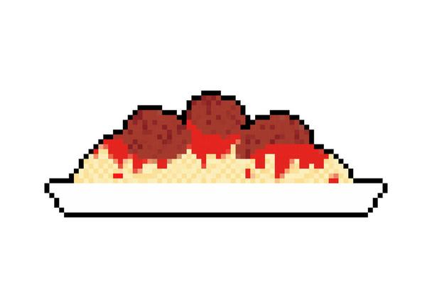 Pasta met gehaktballen pixel art 8 bit. Afbeelding van de voedselpixelvector - Vector, afbeelding