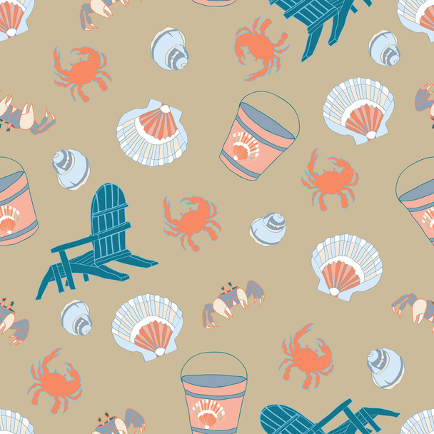 Tema patrón inconsútil de playa náutica con conchas marinas, sillas de playa, cubos y cangrejos sobre fondo topo. - Vector, Imagen