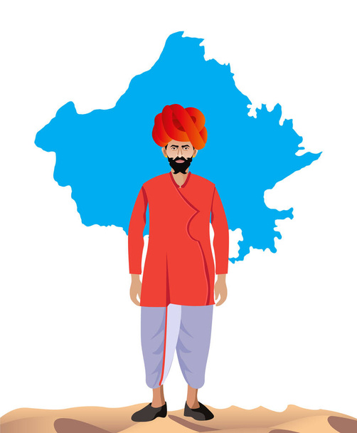 Rajasthani man standing in desert and rajasthan map vector illustration - Vector, Image