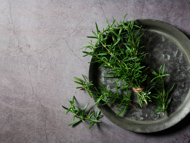 A bunch of fresh rosemary on an iron plate set against a dark background. View from directly above. - Fotografie, Obrázek