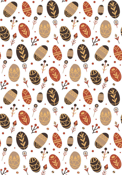 Seamless tribal pattern with Easter eggs and simple geometric herbs. Festive nature wallpaper. Vector spring texture. Religious holiday - Vektori, kuva