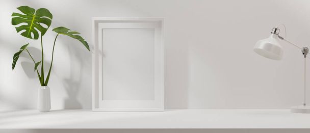 Макет рамка на минимальном внутреннем фоне с растительной вазой и лампой в гостиной, 3D рендеринг, 3D иллюстрация - Фото, изображение