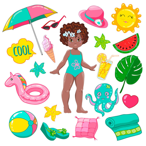 Ensemble d'éléments de vacances d'été. Collection d'accessoires de plage d'été pour enfants. Illustration vectorielle d'une jolie fille nègre, chapeaux, lunettes, tongs, parasol, crème glacée, boisson gazeuse et dessin animé - Vecteur, image