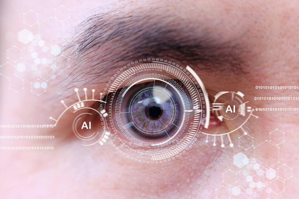 Human eye recognition face ID scanning process. Close up of white woman with digital interface.Human eye and high-tech concept, screening big data and digital transformation technology strategy - Photo, Image