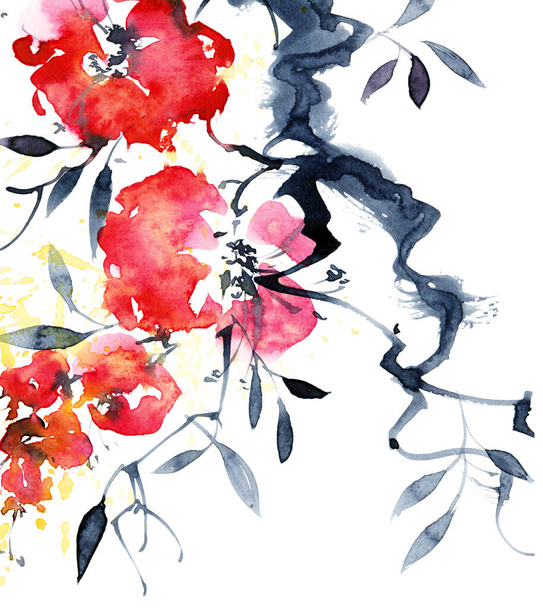 Watercolor and ink illustration of blossom tree branch with red flowers, leaves and splashes. Oriental traditional painting in style sumi-e, u-sin and gohua. - Φωτογραφία, εικόνα