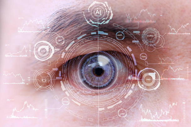 Human eye recognition face ID scanning process. Close up of white woman with digital interface.Human eye and high-tech concept, screening big data and digital transformation technology strategy - Фото, зображення