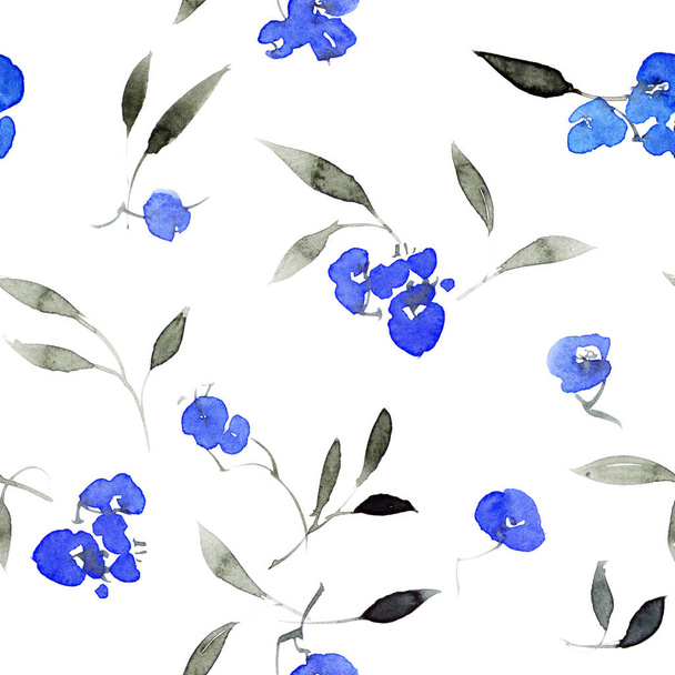 Акварель бесшовный узор голубых цветов и листьев. Восточная традиционная живопись в стиле суми-э, у-син и гохуа. - Фото, изображение