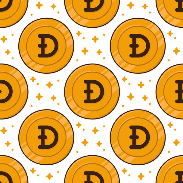 Kleurrijk naadloos patroon met gouden munt Dogecoin (DOGE) en sterren. Dogecoin cryptogeld icoon. Digitale valuta. Vectorachtergrond. - Vector, afbeelding