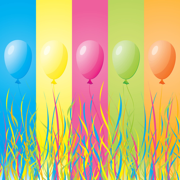 Globos coloridos de vacaciones con cintas sobre un fondo de bandas de colores
 - Vector, Imagen