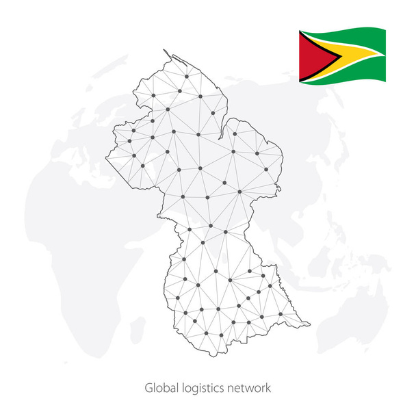 Concetto di rete logistica globale. Mappa della rete di comunicazione Guyana sullo sfondo del mondo. Mappa della Guyana con nodi in stile poligonale e bandiera. EPS10.  - Vettoriali, immagini
