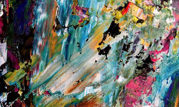 Colorful abstract painting background. Modern motif visual art .Intensive multicolor mix of oil vibrant colors. Trendy hand painting canvas . Paint brushstrokes on canvas for trendy poster wallpaper - Fotografie, Obrázek