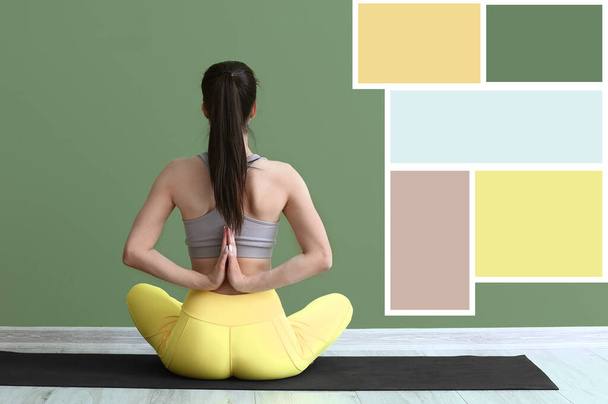 Young woman practicing yoga near green wall. Different color patterns - Photo, Image