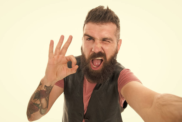 It is alright just wait and see. Beard grooming. Styling beard and moustache. Fashion trend beard grooming. Guy expressing success. Hipster with beard brutal guy. Product recommendation concept - 写真・画像