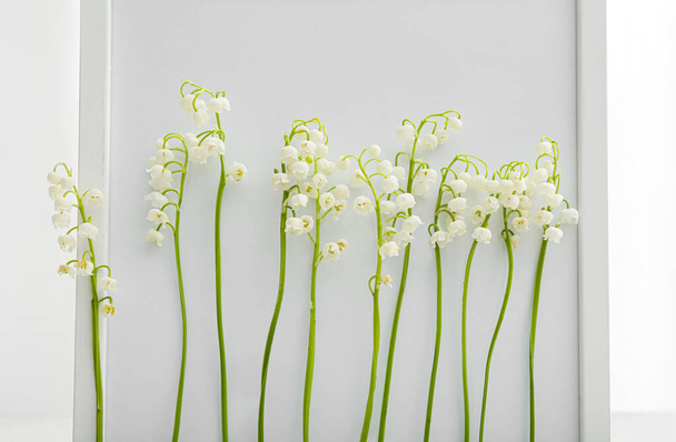 Fotolijstje met mooie lelie-van-de-vallei bloemen op lichte achtergrond - Foto, afbeelding