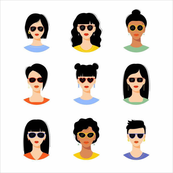 Collection of portraits of young stylish women. Girls with different hairstyles. Set of modern female avatars. Flat cartoon vector illustration. - Vector, Image