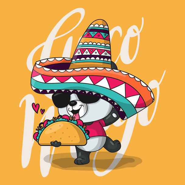 cute cartoon panda with mexico hat and tacos . cinco de mayo - Vector, afbeelding