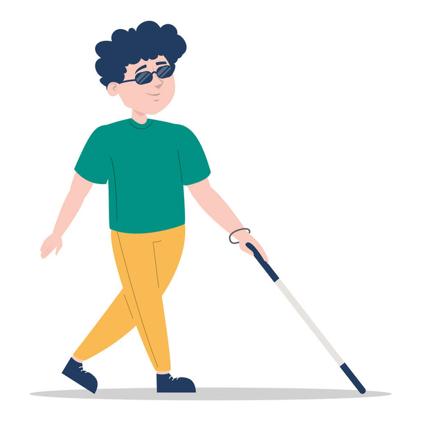 Ένα νεαρό τυφλό αγόρι που περπατάει με ένα μπαστούνι απομονωμένο. Ανδρικός χαρακτήρας σε γυαλιά ηλίου με ραβδί. Έννοια των ατόμων με αναπηρίες. Παιδί με ειδικές ανάγκες - Διάνυσμα, εικόνα